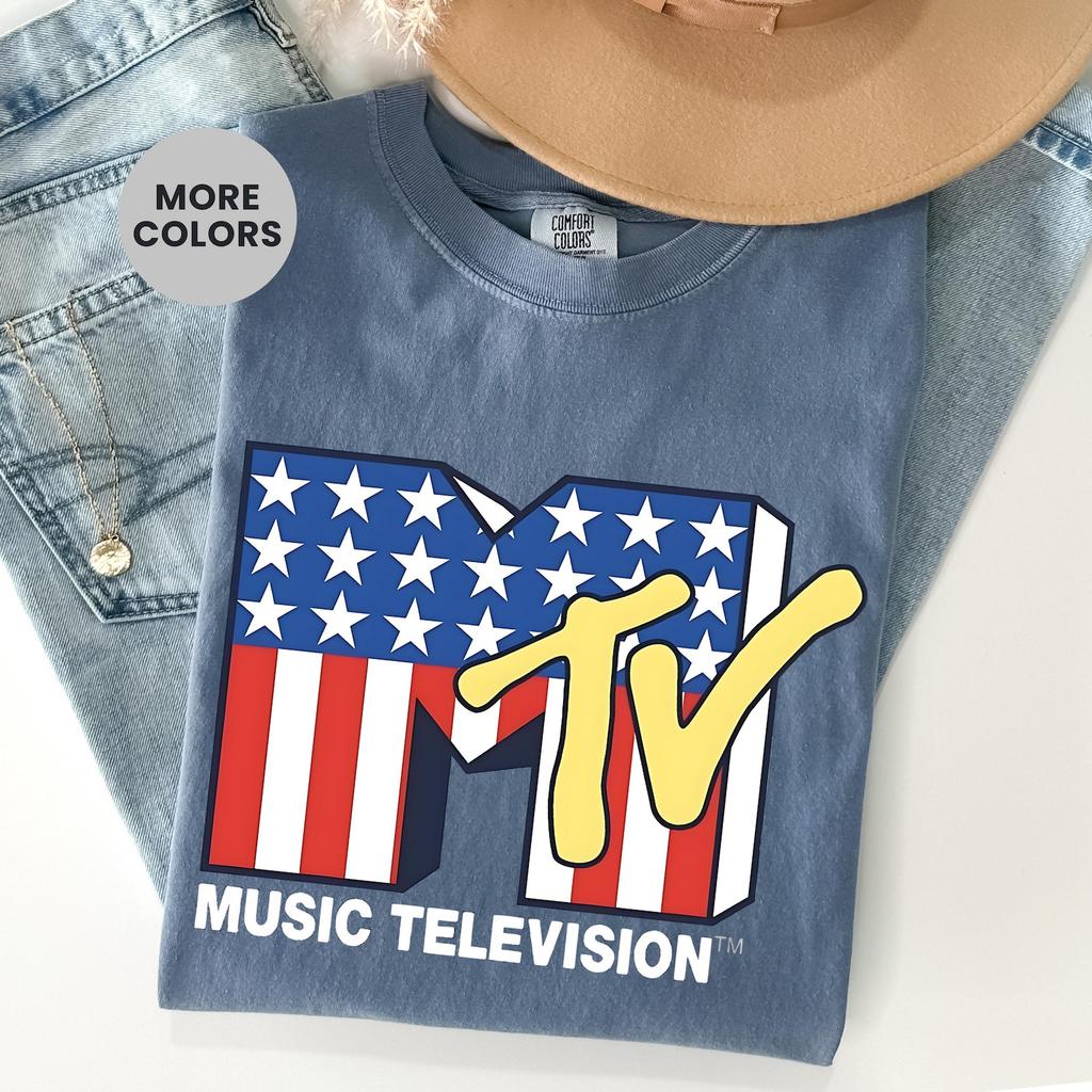 USA Flag MTV Style Comfort Colors, Patriotic Y2K Aesthetic Shirt and kids shirt, Vintage Music Television Inspired Graphic, Summer Streetwear