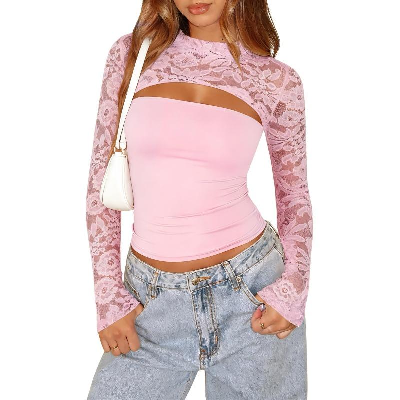 Women's Cutout Crop Top Long Lace Sleeve Slim Fit Party Going Out Top