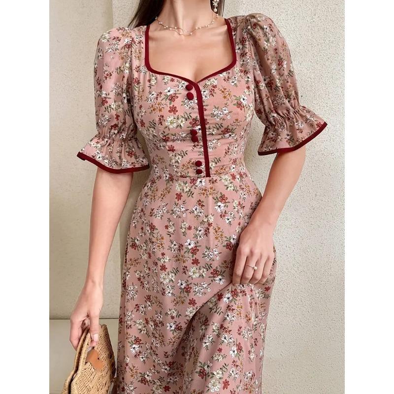 Women's Summer French Dress Floral Waist Dress with Puffy Sleeves