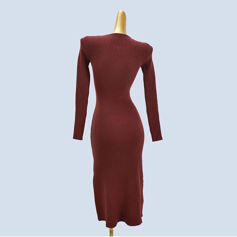 French Round Neck Pure Color Knitting Dress Female Spring & Fall New Arrival Silm Flower Stylish Sweater Skirt