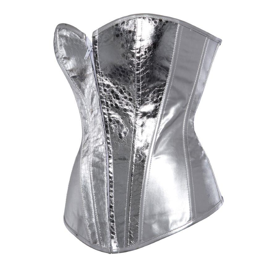 Silver Sequin Faux Leather Corset with Zipper - European & American Court Style Shapewear.