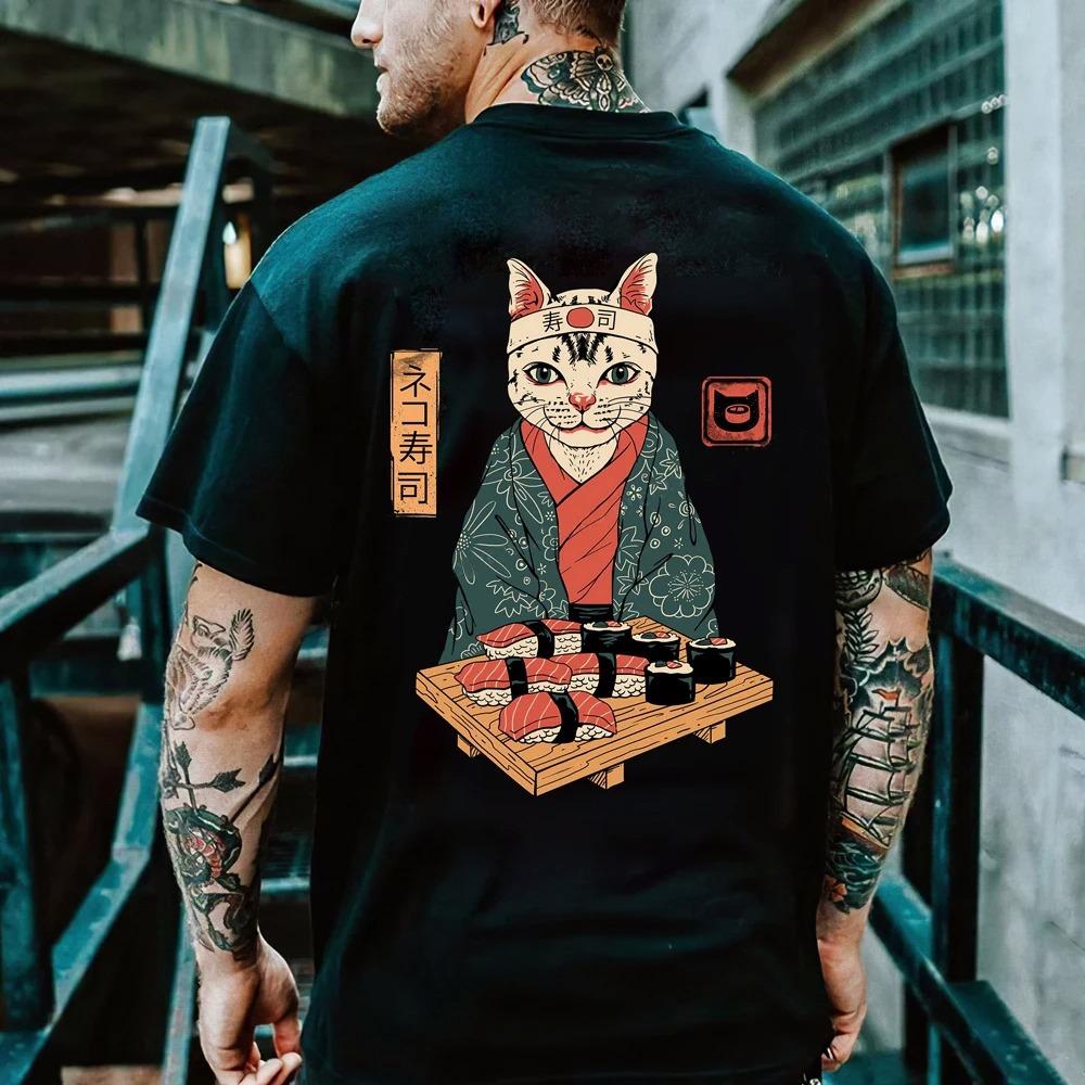Japan Samurai Cat Harajuku Men's T Shirt Summer Street Trend Black