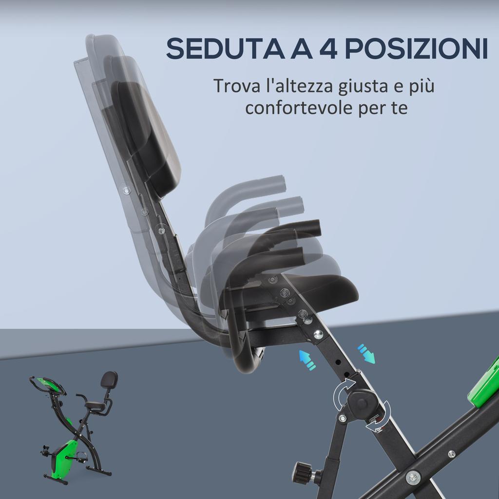 Cyclette Pieghevole 2-in-1 con Resistenza Magnetica a 8 Livelli, Elastico per Braccia, Sensore di Battito Cardiaco, Verde