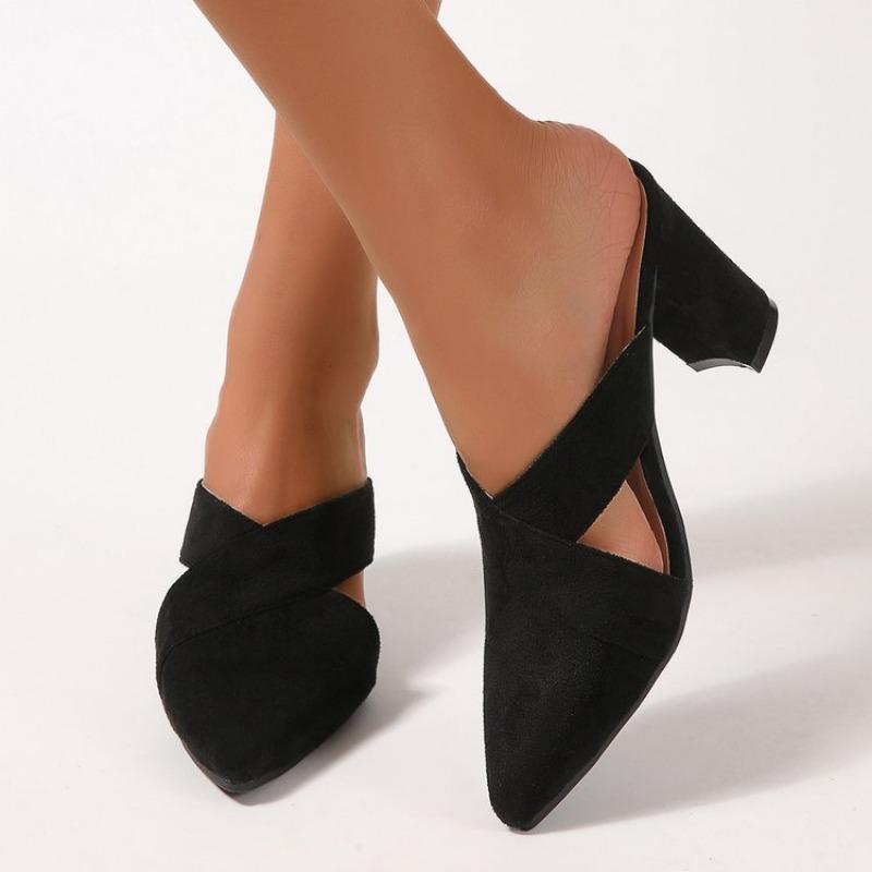 Fashion Summer New Baotou Slippers Women Fashion Pointy Deep Suede Hollow-out A Slip-on Wear Resistant Thick Heels
