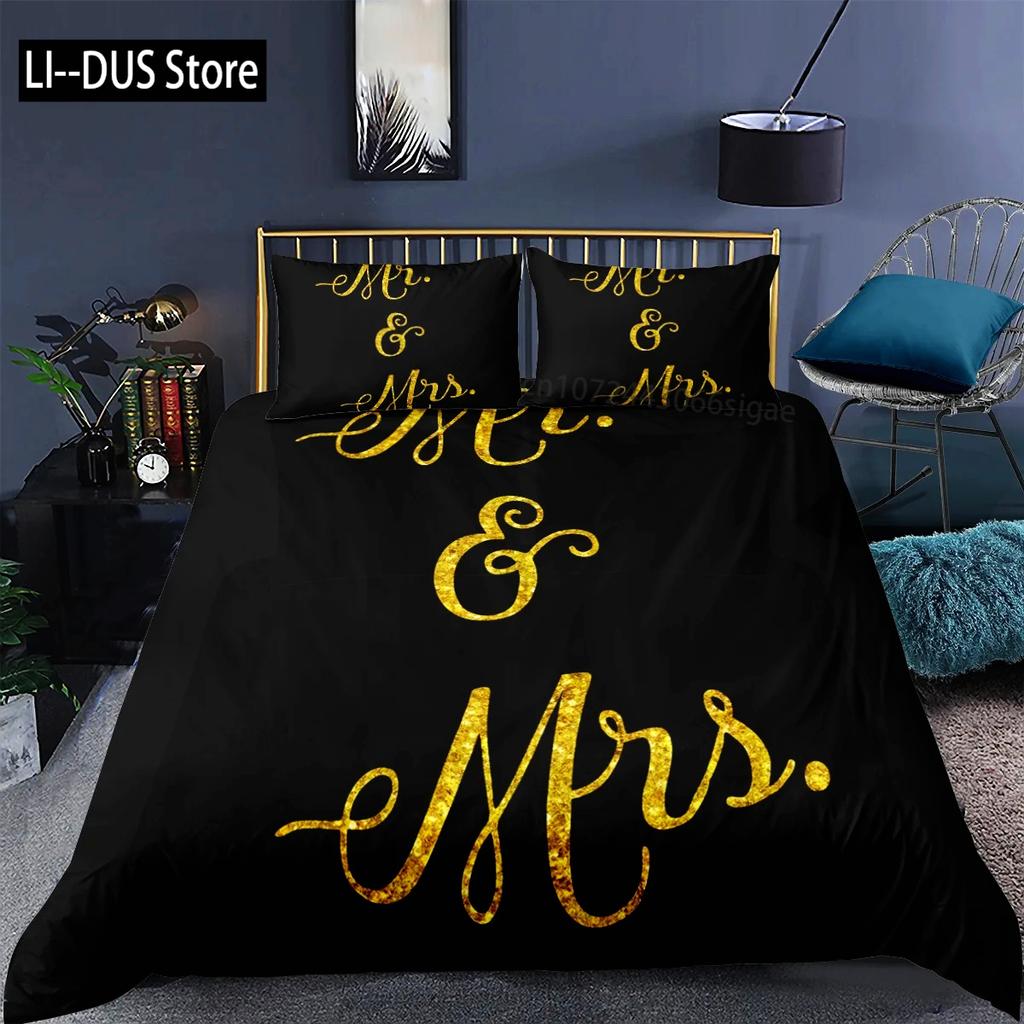 Black and White Duvet Cover Queen/King/Full Size Mr and Mrs Bedding Set 3Pieces Soft Microfiber Couple Romantic Comforter Cover