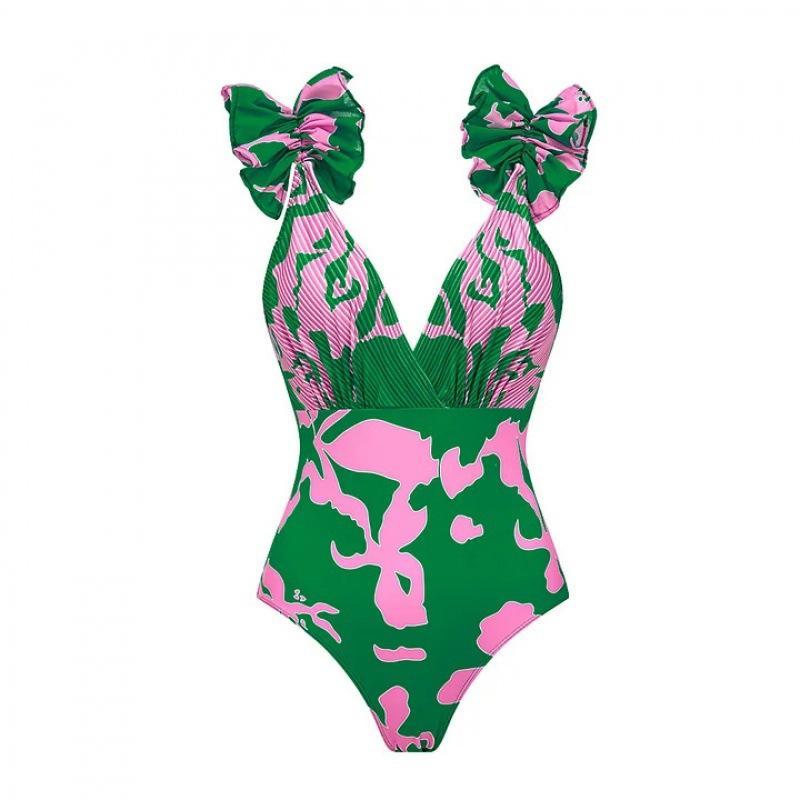 European and American swimwear printed vacation one-piece swimsuit umbrella skirt set female vacation style S