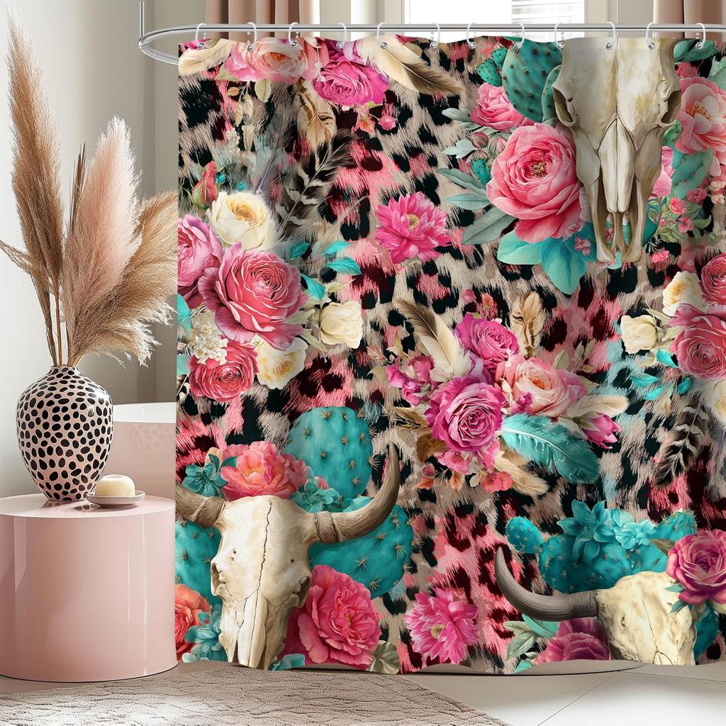 1Pc Multi-Pattern Shower Curtain Collection, Cow Print Leopard Cherry Bow Fabric Bath Decor With Hooks For Bathroom