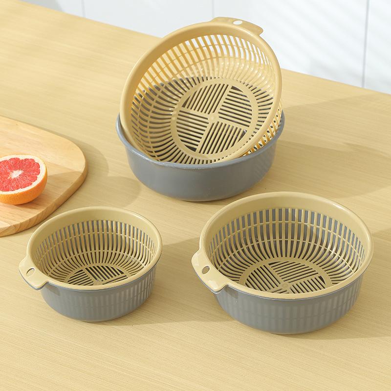 Vegetable Basin Plastic Double-Layer Drain Basket Leaky Basin Rice Vegetable Blue Vegetable Basin Household Kitchen Fruit Plate