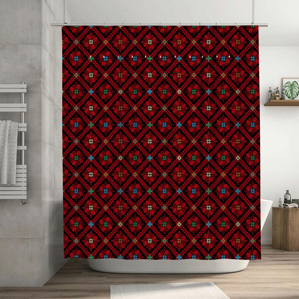 Red Floral Bath Shower Curtain with Multicolor Geometric Patterns Water Repellent Polyester Fabric for Bathroom Decorations