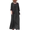 Women's Fashion Solid Color Round Neck Cotton Linen Long Sleeved Casual Pleated Double-sided Pocket Dress