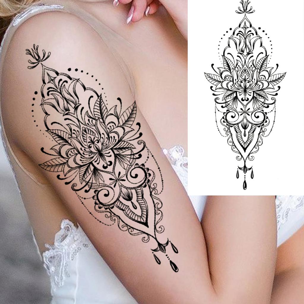 1 Sheet Black Henna Mandala Fake Jewels Temporary Sleeve Tattoos For Women Girls Forearm Waist Chest Back Tattoo Sticker Decal