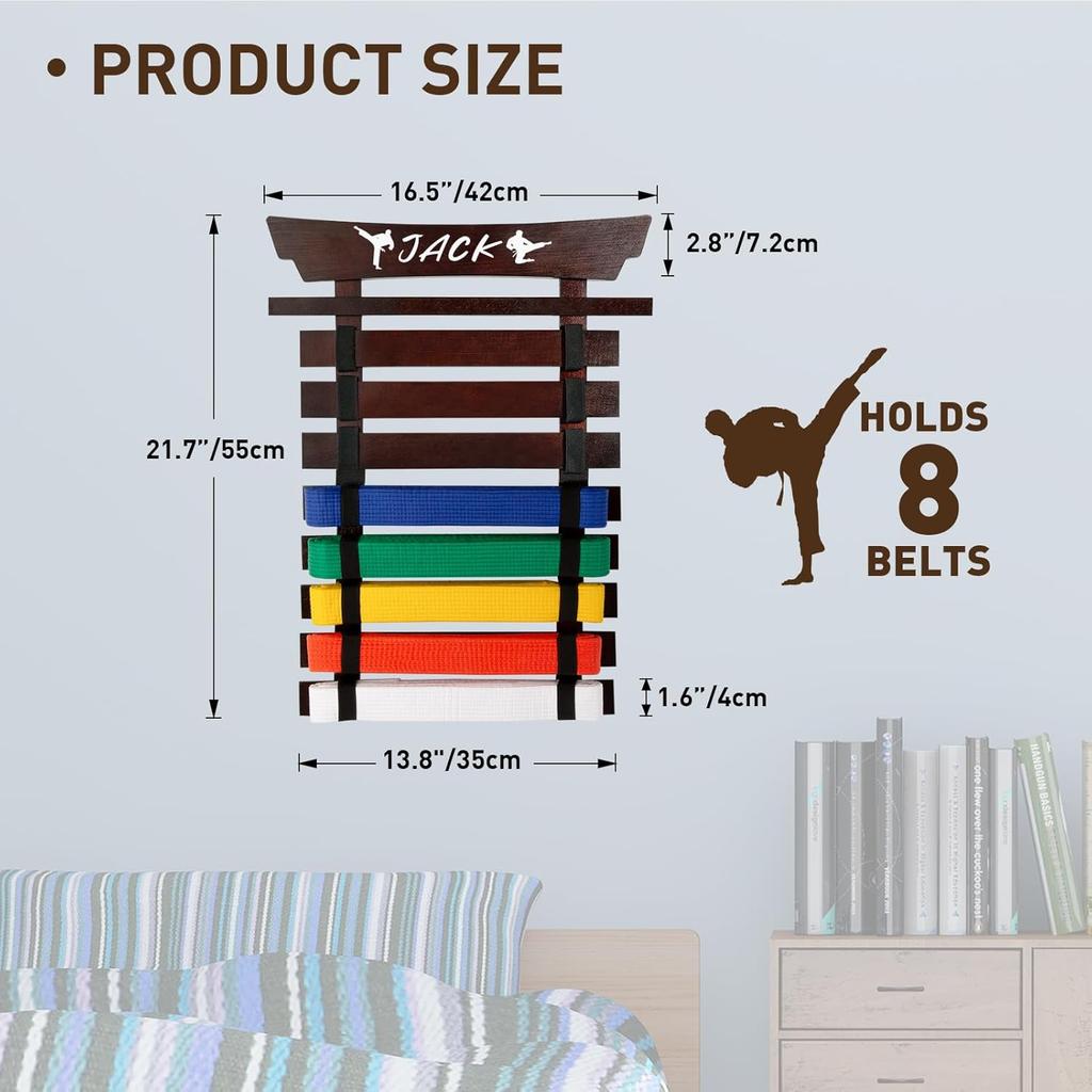 Bamboo/Wood Karate Belt Display Rack, 8 Belt Taekwondo Belt Display with Stickers, Martial Arts Belt Display Holder, Jiu Jitsu BJJ Belt Display