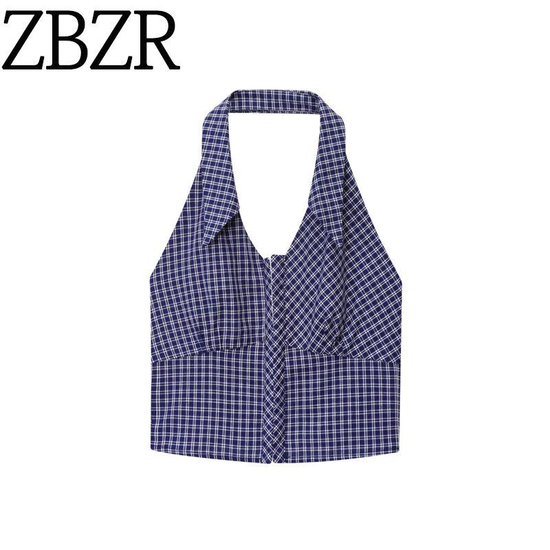 Zbzr Spring New Women Clothes Western Style Fashion Temperament Gyaru Hanging Neck Lapel Plaid Short Top
