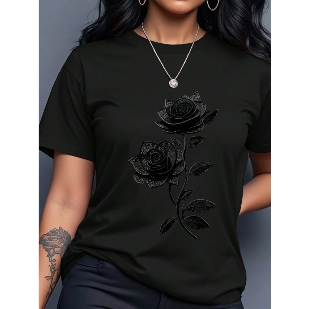 Ascetic rose print! Plus-size women s short-sleeve T-shirt, a must-have for curvy hotties M
