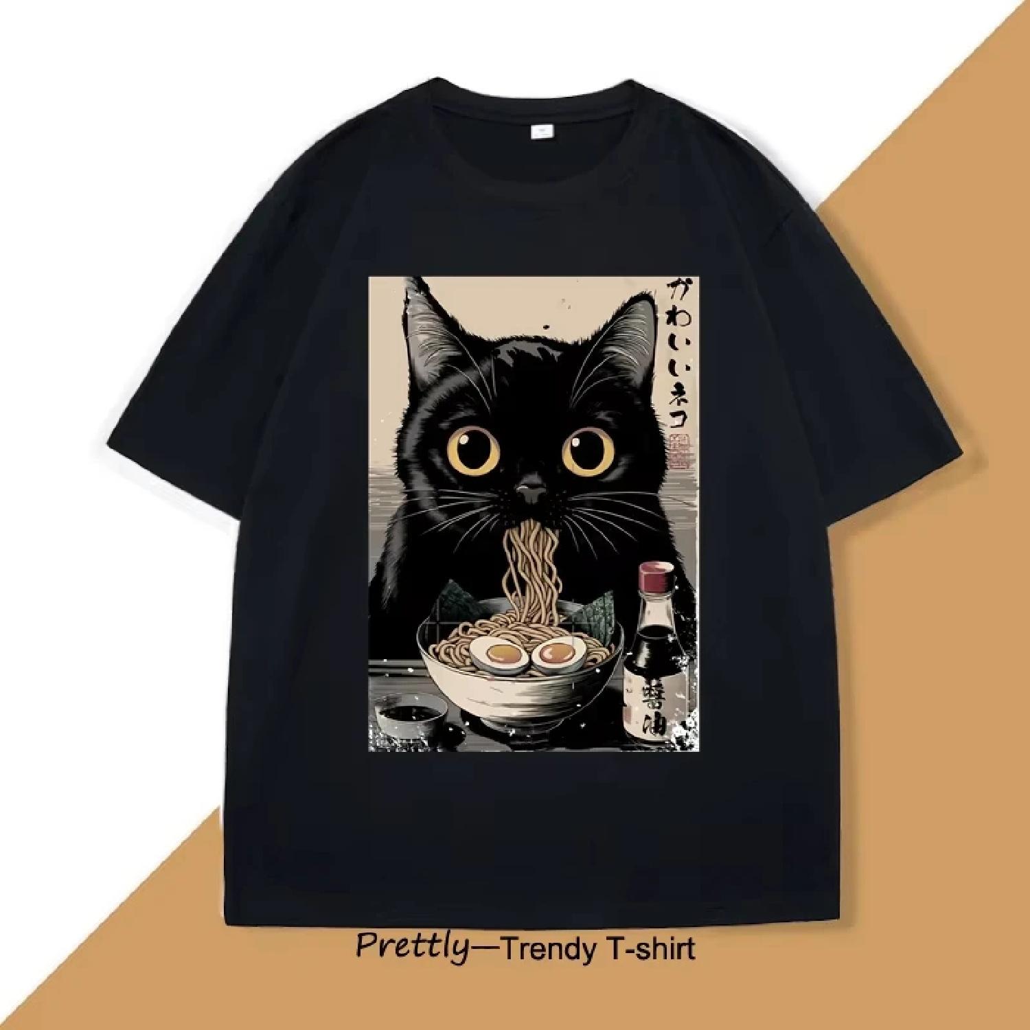 

Cute Black Cat Eating Ramen T Shirts for Men Vintage Japanese Kawaii Classic T-Shirt Cotton Short Sleeve Tee Mens Clothing XXXXXL