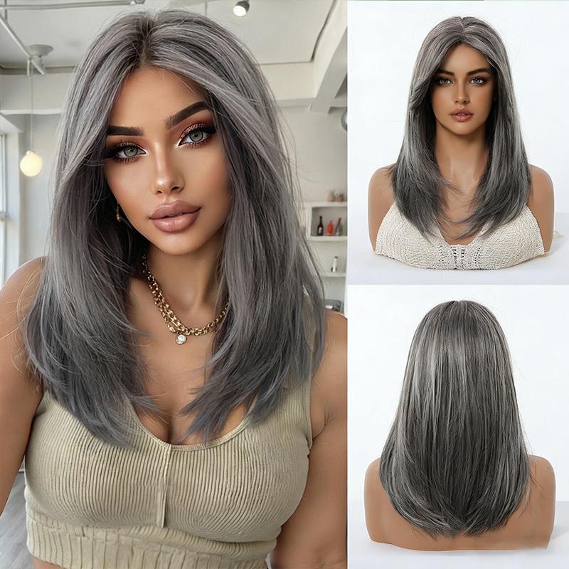 Women's Fashion Medium-Long Wig, Ash Blonde Side-Part Fringe High-Temperature Fiber Synthetic Hairpiece