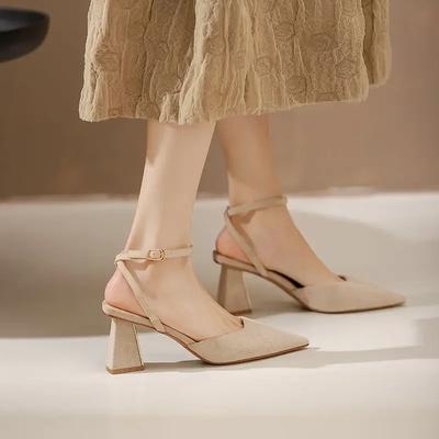 Sandals for Woman Pointed Toe Chunky Footwear Closed Thick Heel Summer Block High Heels Heeled Pumps Women's Shoes Korea