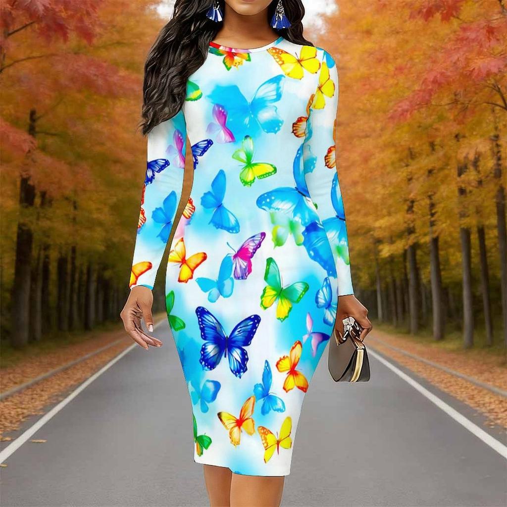 Plus Size Women Long Sleeve Round Neck Midi Dress Vibrant Butterfly Print Fitted Pencil Dress