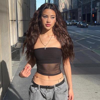 Mesh Korsett Schwarz Crop Top Frauen Patchwork Rohr Top Sexy Ärmel Off Schulter Cami Sommer Streetwear Dünne Trägerlose Tank Tops