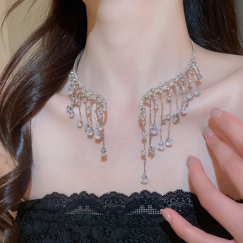 Shining Bridal Tassel Necklaces Crystal Neck Chain Choker Fashion Rhinestone Jewelry  Women