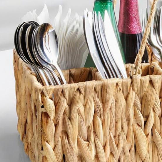 Yousheng Woven Storage Basket with Handle 4 Compartments Handcrafted Natural Utensil Organizer for Kitchen Countertop Picnic BBQ Portable Cutlery