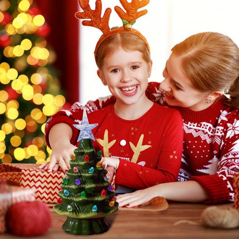 Ceramic Christmas Village Decoration Tree with Tree Topper Star Multicolored Lights Christmas Tree Night Light Holiday Decor