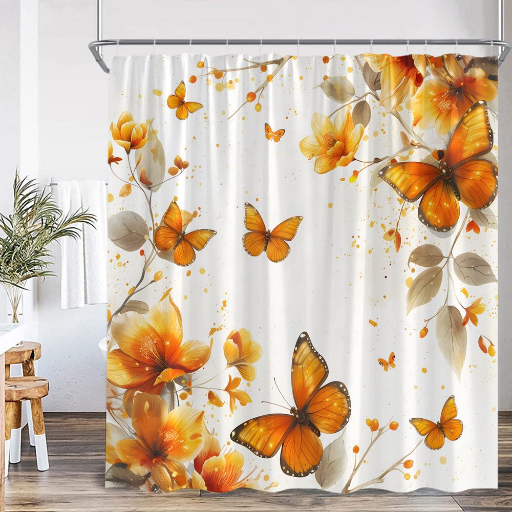 Butterfly Floral Shower Curtain Flower Plant Pink Purple Teal Butterflies Bathroom Decor Elegant Modern Polyester Bath Curtain