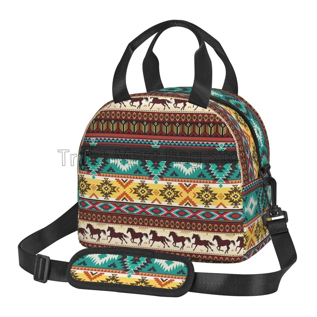 Isolierte Lunchtasche mit ethnischem Muster Pferde Geometrisch Bento-Tasche Wiederverwendbare Thermos-Lunchbox mit verstellbarem Schultergurt