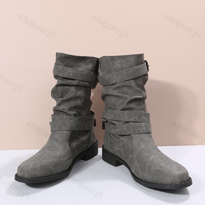 Women Ankle Boots 2026 Autumn Retro Round Toe PU Leather Femme Mid-heel Stubby Short Boots Outdoor Fashion Pleated Casual Shoes