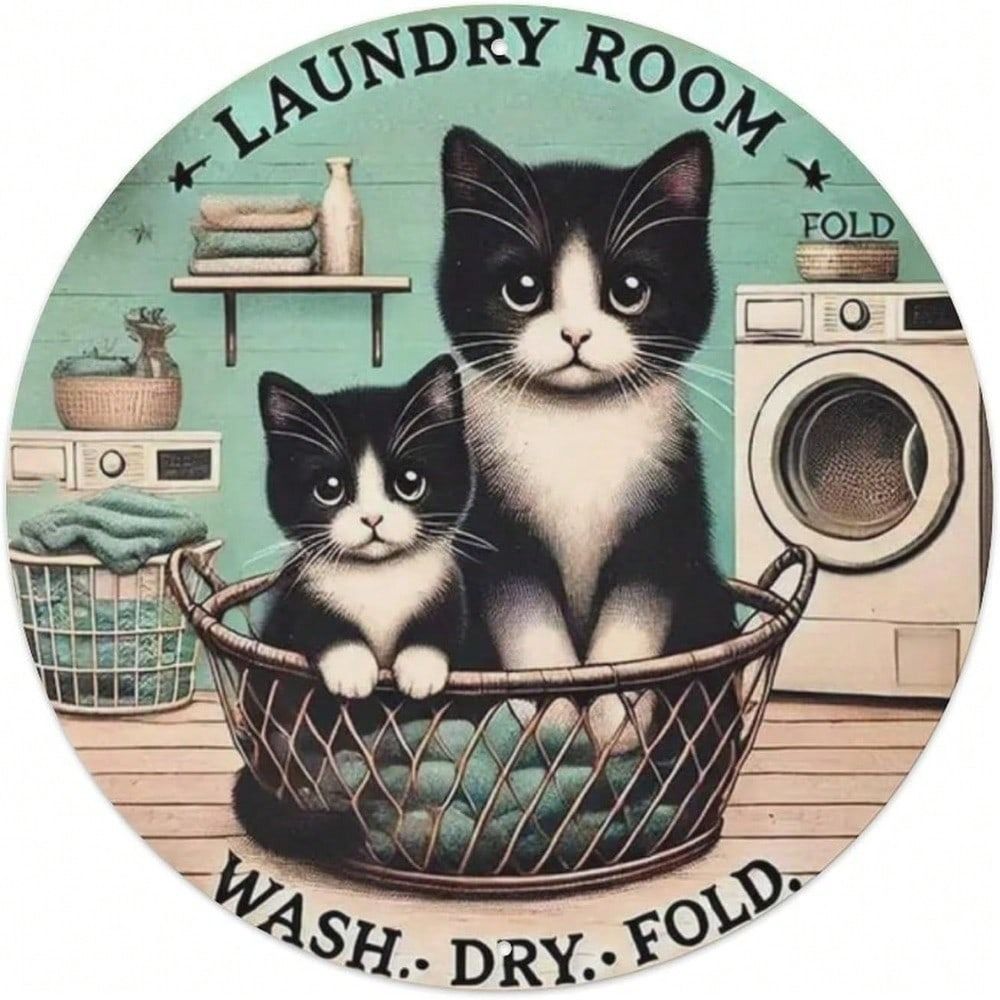 Retro Cat Metal Sign 8x8 Inch Vinyl Wall Art Laundry Kitchen Decor