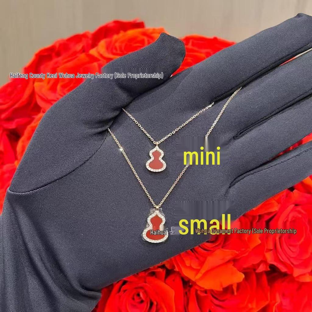 Elegant Women's 18K Rose Gold Gourd Necklace with Red Agate, Natural Jade, and Diamond Pendant.