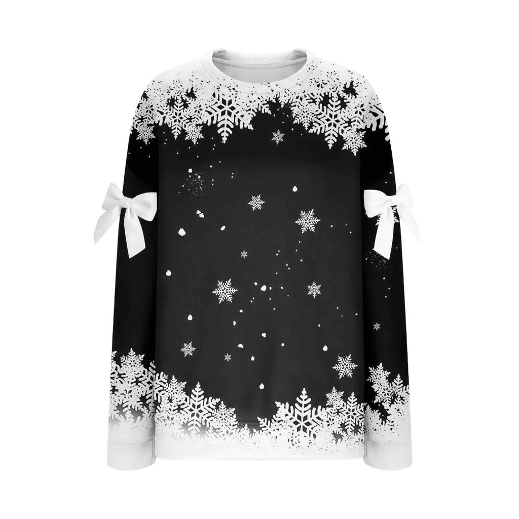 Ladies' Christmas Printed Bow Round Neck Long Sleeved Loose Pullover Sweater Sweatshirt Top