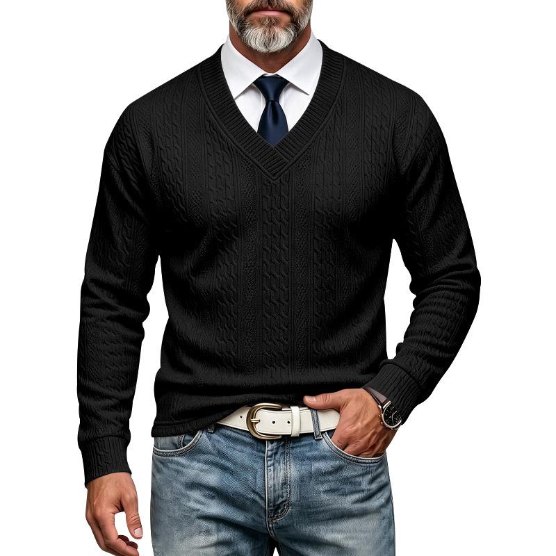 Maglione da Uomo Autunno Inverno a Treccia Monocolore Scollo a V Manica Lunga Casual Business Maglione Lavorato a Maglia