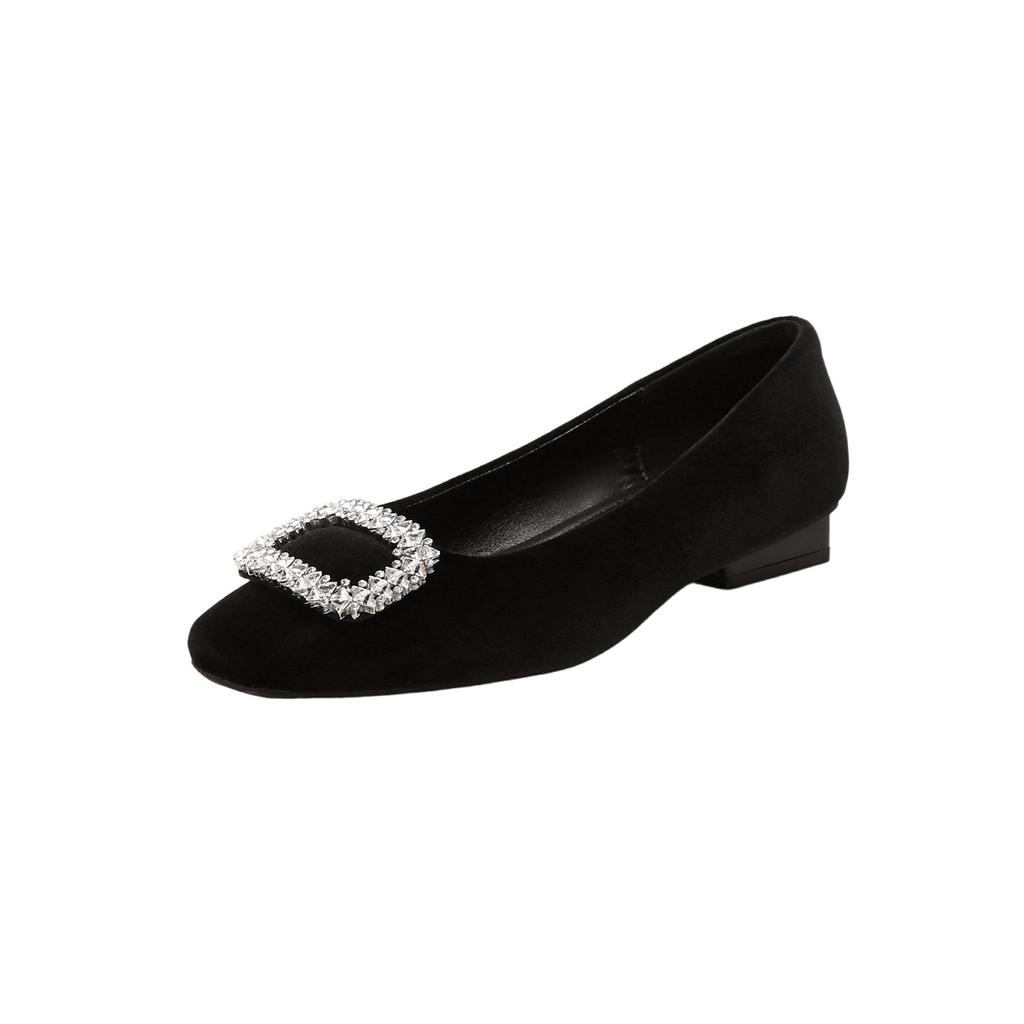Sheepskin version~ Square head thick heel rhinestone Mary Jane shoes femininity shallow mouth commuting occupation not tired feet ladyshoes single sho
