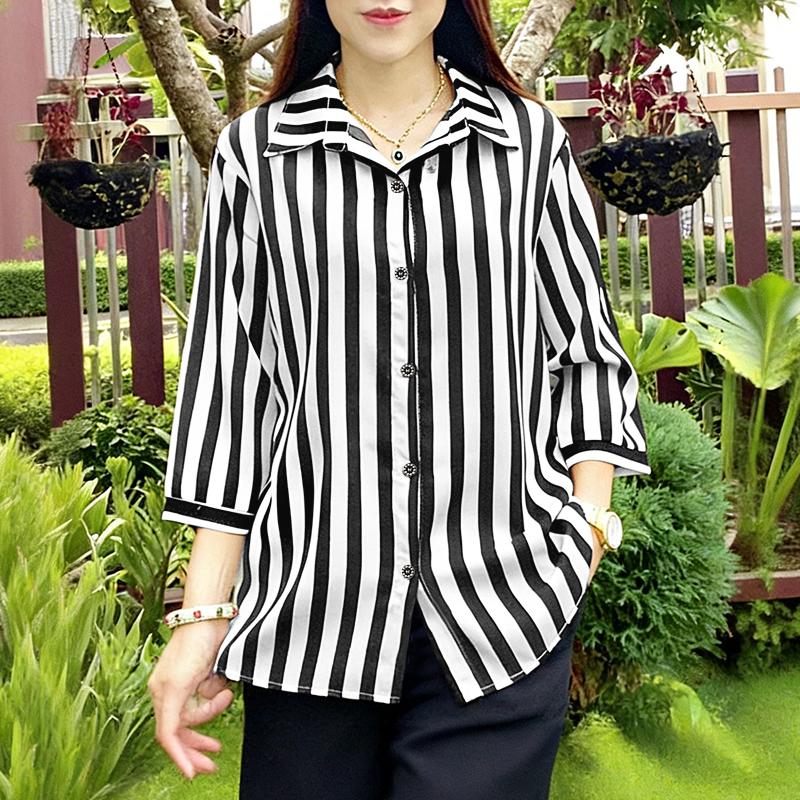 ZANZEA Women Casual Turn Down Collar 3/4 Sleeve Loose Stripe Blouse
