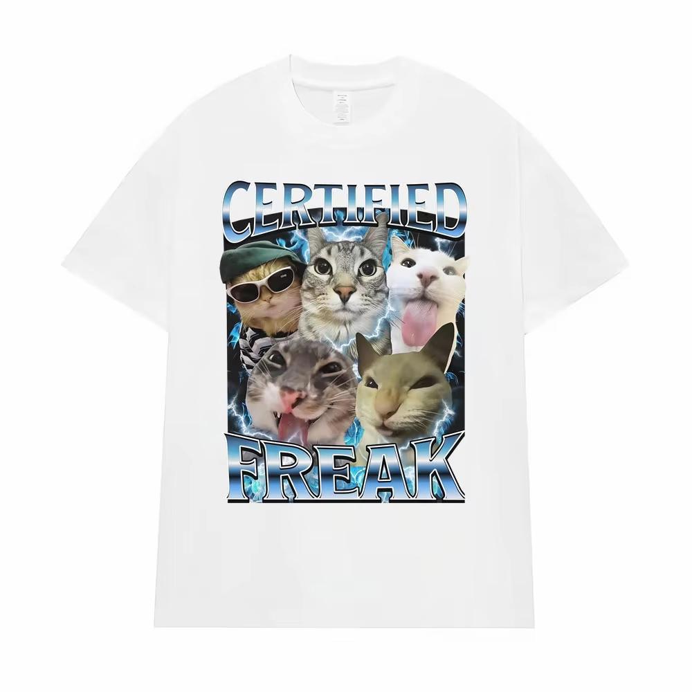 Certified Freak Funny Cat Meme T Shirts Clothing 90s Vintage Kitty Graphic T-shirts Men Women Fashion Male Cotton T-shirt
