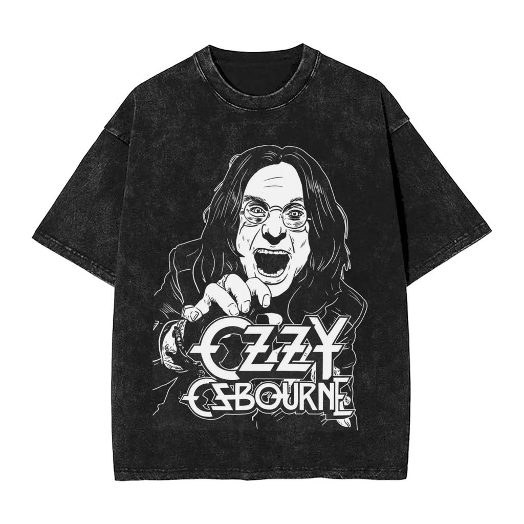 T-shirt Vintage Oversize a Maniche Corte Lavaggio Acido con Stampa Grafica Collage Retro Banda Ozzy Osbourne Blizzard of Ozz