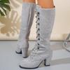Fashion 8CM Knee High Women Boots Autumn woman shoes Winter Lace Up Vintage Flat Shoes Sexy Steampunk Leather Buckle Ladies Snow Boots