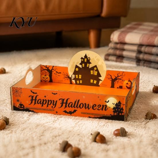 Halloween Candy Tray Witch Decorative Wood Serving with Handle, Ghost Pumpkin Castle Creative Party Supplies Trick or Treat Dessert for Accessories