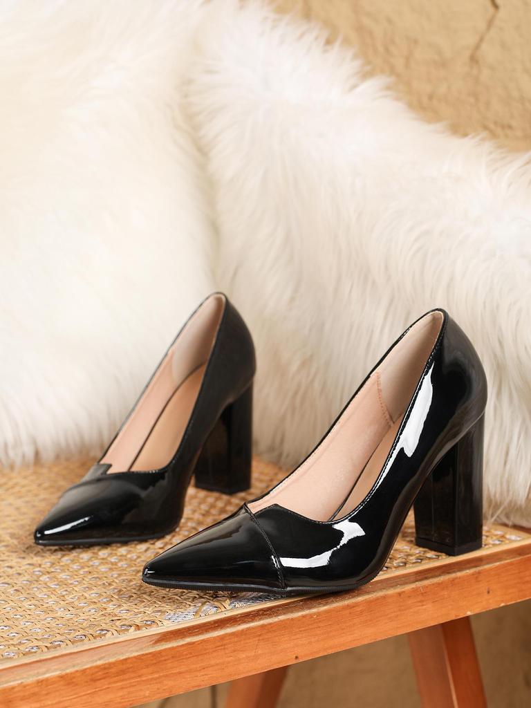 Foreign Trade High Heels: Shallow Mouth Pointed Toe Patent Leather Chunky Heel for Women, EU/US Sizes 42-43