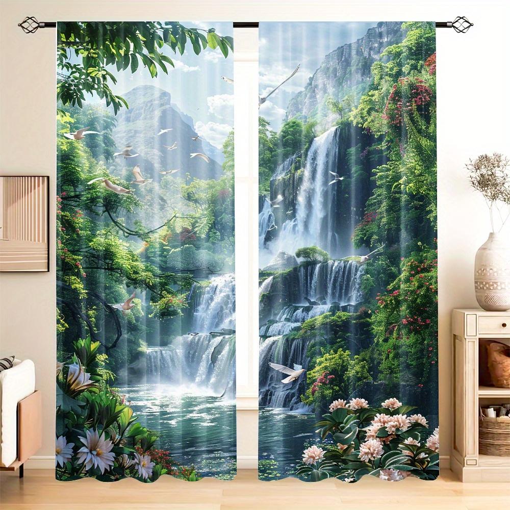 2 Pieces Stunning Forest Waterfall Landscape Curtain for Home Decor Rod Pocket Window Treatment for Bedroom Office Kitchen