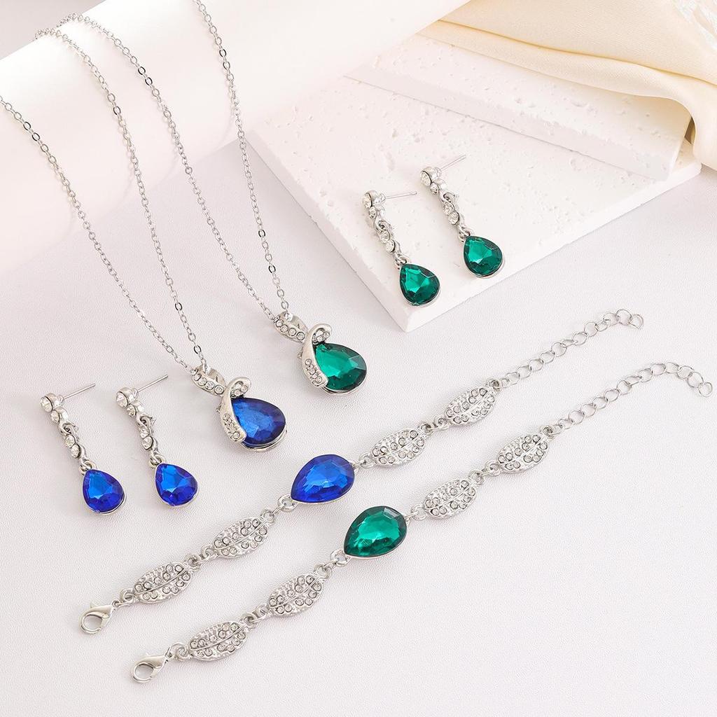 Elegante conjunto de joyas con forma de gota de agua.: Pulsera, collar y pendientes de hojas de diamantes para mujer, colección de 3 piezas