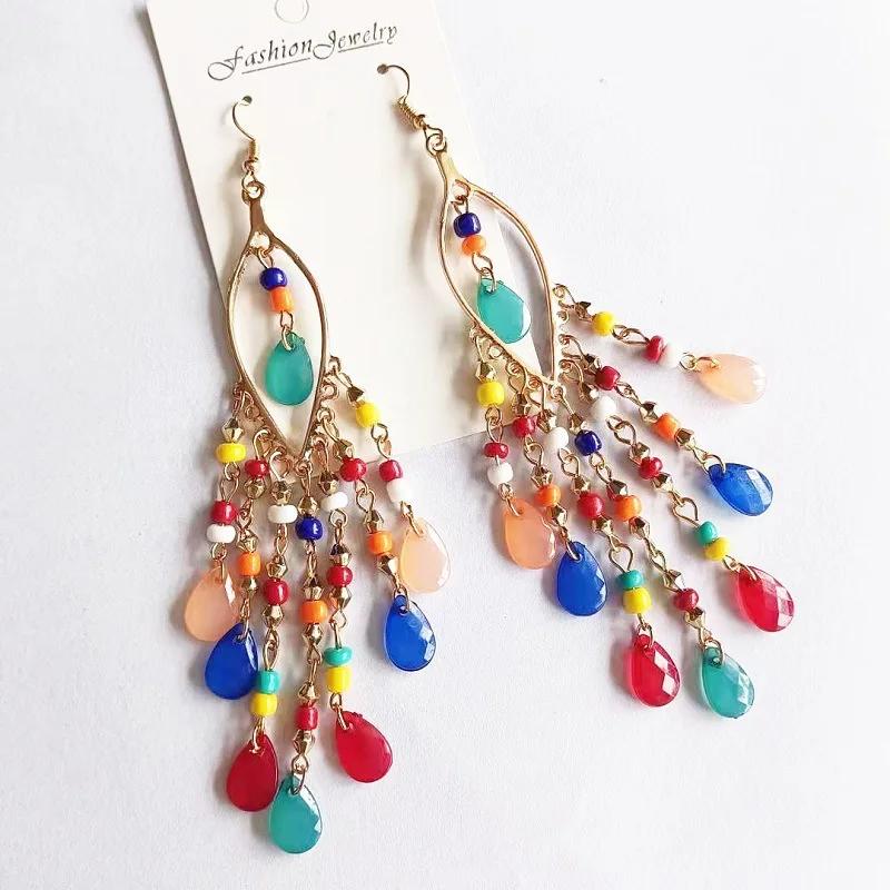 Boho Ethnic Seed Beads Long Earrings For Women Colorful Crystal Tassel Dangle Drop Earring Girls  Party Jewelry