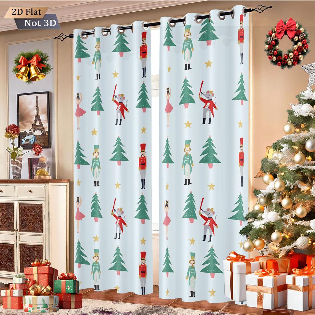 2Pcs Merry Christmas Nutcracker Printed Blackout Curtains Multi Size Living Room Insulation Holiday Decoration Easy To Install