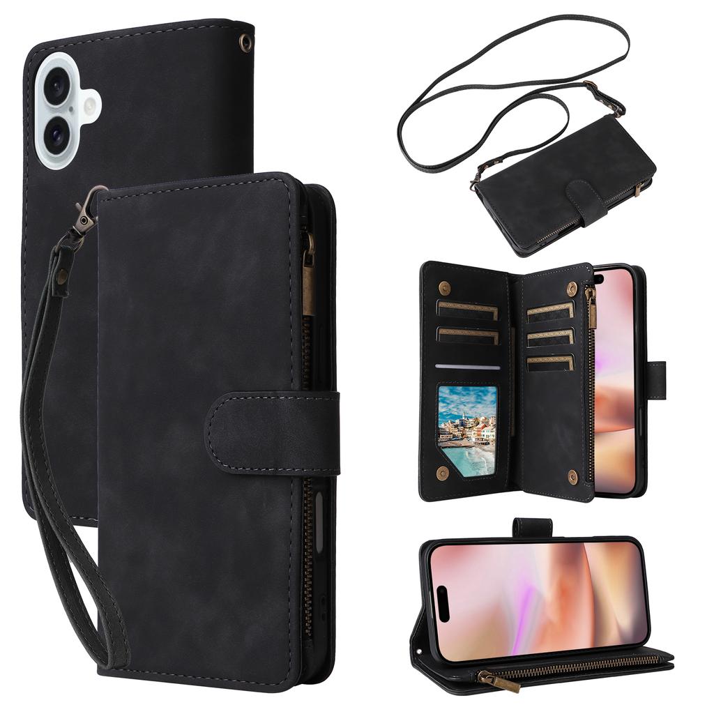 For iPhone 16 Plus Case Zipper Pocket PU Leather Wallet Phone Stand Cover with Strap