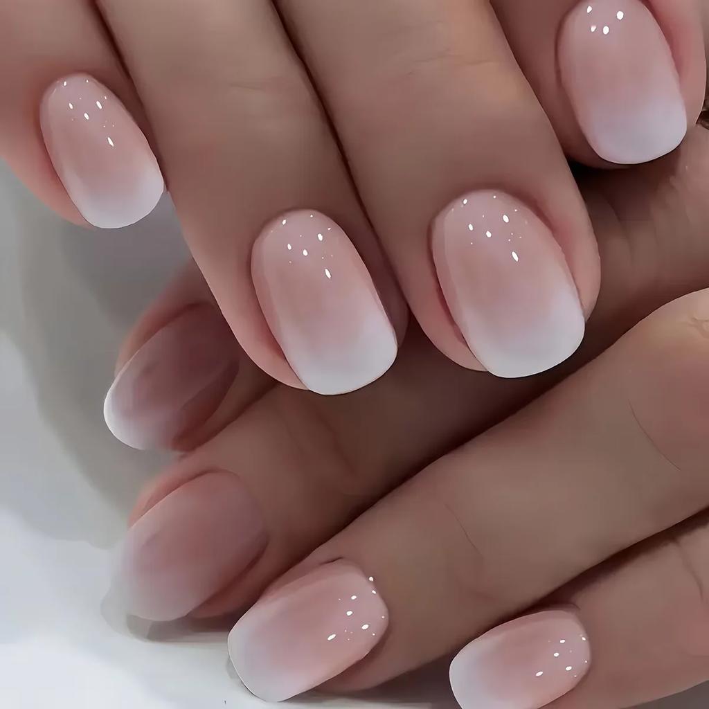 24pcs Flesh Color Press On Nail Gradient Powder Square Short Imitation Plate Fake Nails for Girl Women Gift Cute File Strip