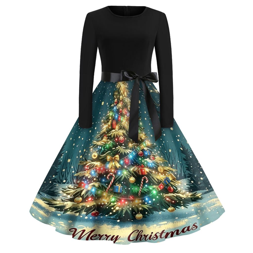 Women's Trendy Retro V-Neck Christmas Dress with Snowflake and Christmas Tree Print for Casual Holiday Wear