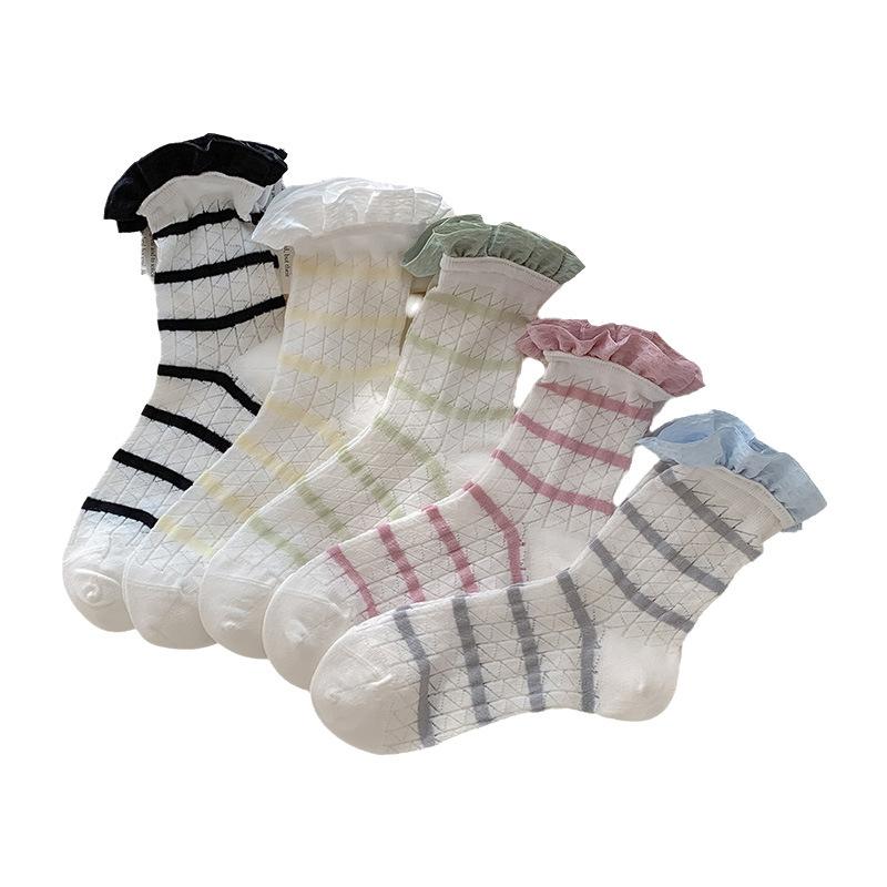 Female Summer Thin Model Breathable Mesh Simple Stripe Sweet Lace In The Tube Pile Socks