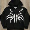 Mens Dark Spider Print Hooded Zip Sweatshirt Loose Streetwear Casual Jacket