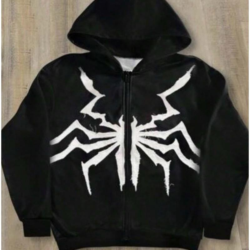 Mens Dark Spider Print Hooded Zip Sweatshirt Loose Streetwear Casual Jacket